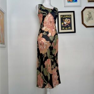 Vintage Gala 100% Silk Floral Slip Dress Black Floral Print Size S